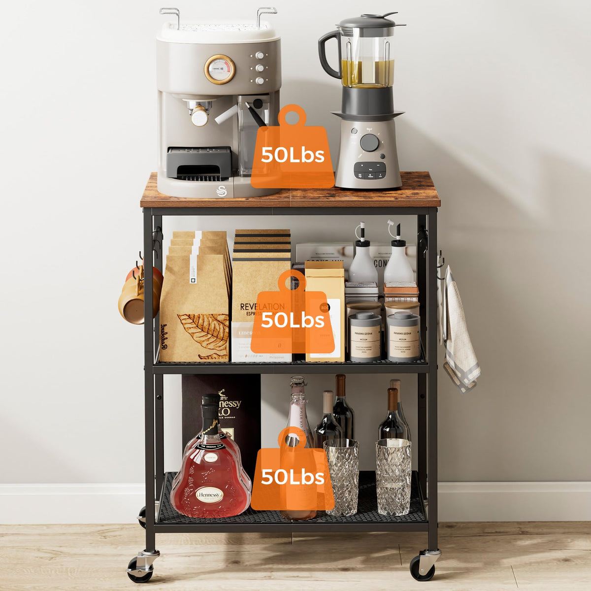 Homleke durable wooden top provides sturdy surface for appliances.