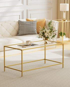 Homleke glass coffee table in office space, sturdy gold frame for daily use