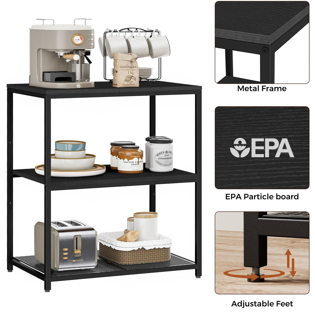 Homleke Kitchen Island three-shelves design keeps cookware organized.