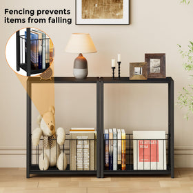 Homleke narrow side table angled front view highlighting slim profile beside a sofa