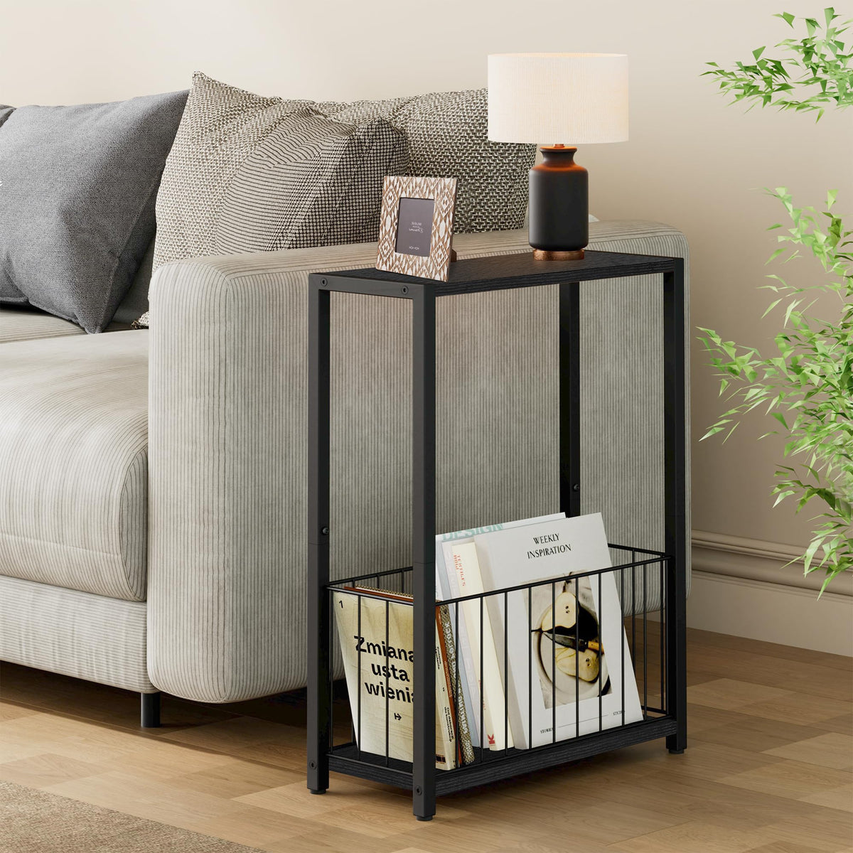 Homleke narrow side table bottom basket storage removeable iron basket for organizing remotes and magazines