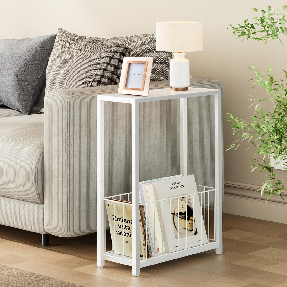 Homleke narrow side table bottom iron basket for organized storage