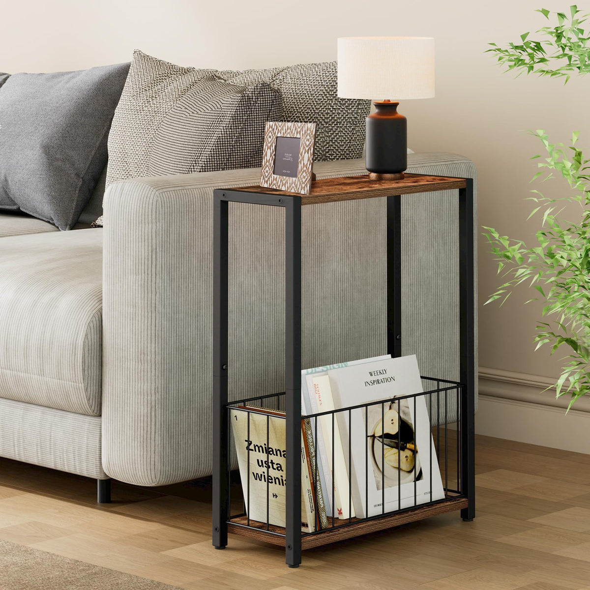 Homleke Narrow Side Table with iron basket for practical storage of magazines and remotes.
