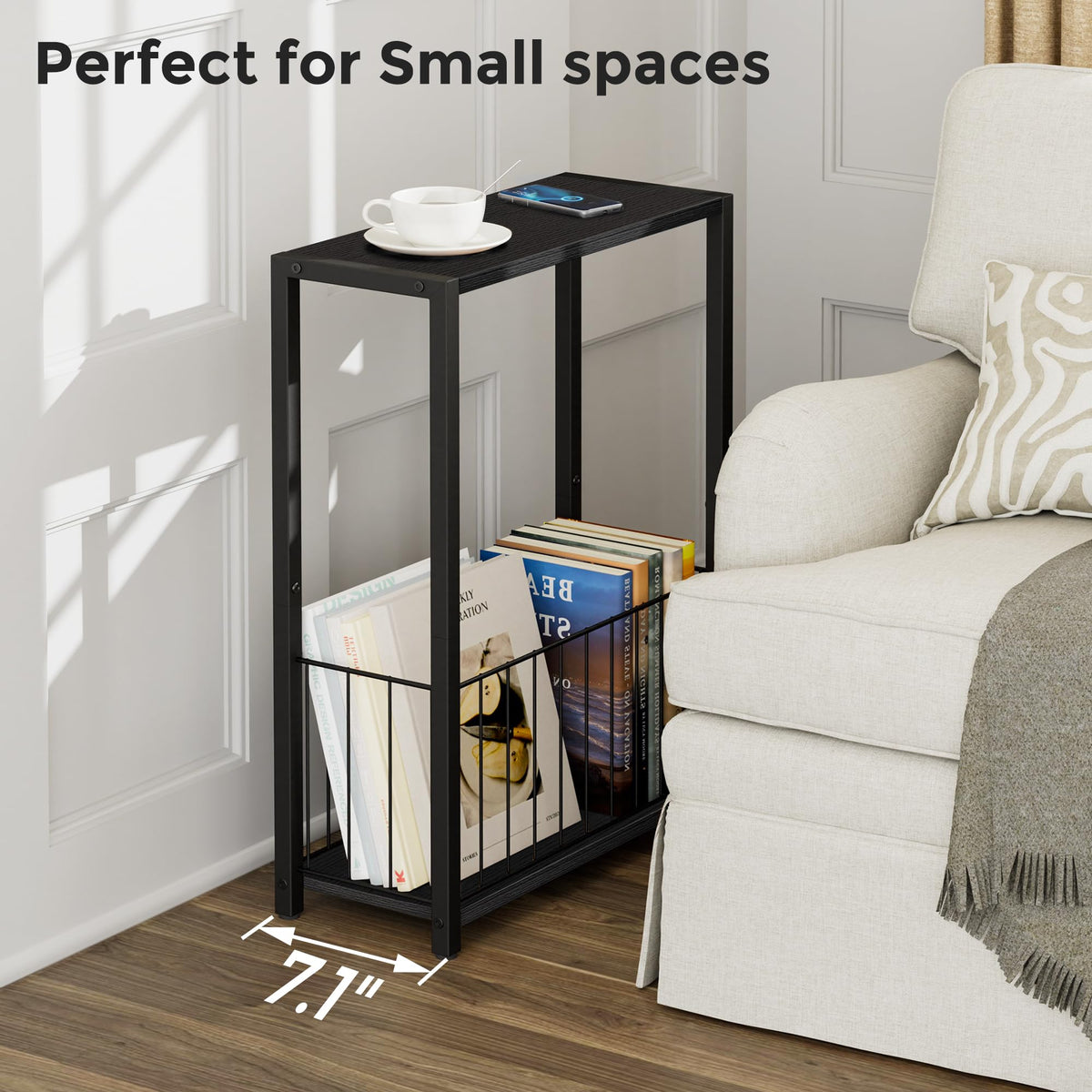 Homleke narrow side table iron frame close up emphasizing durable construction