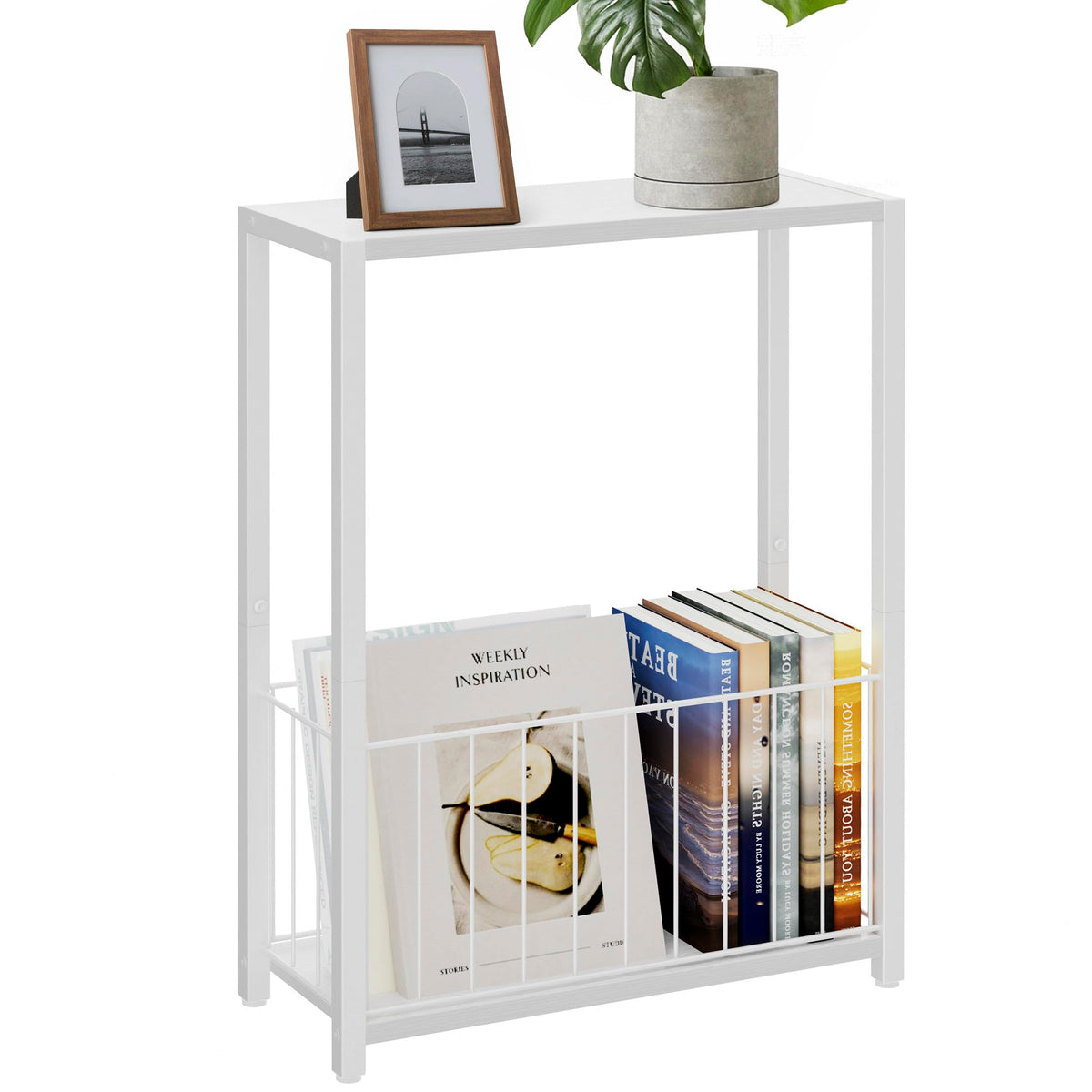Homleke narrow side table front view with magazine holder in white