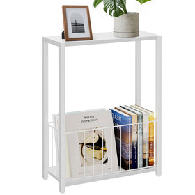 Homleke narrow side table front view with magazine holder in white