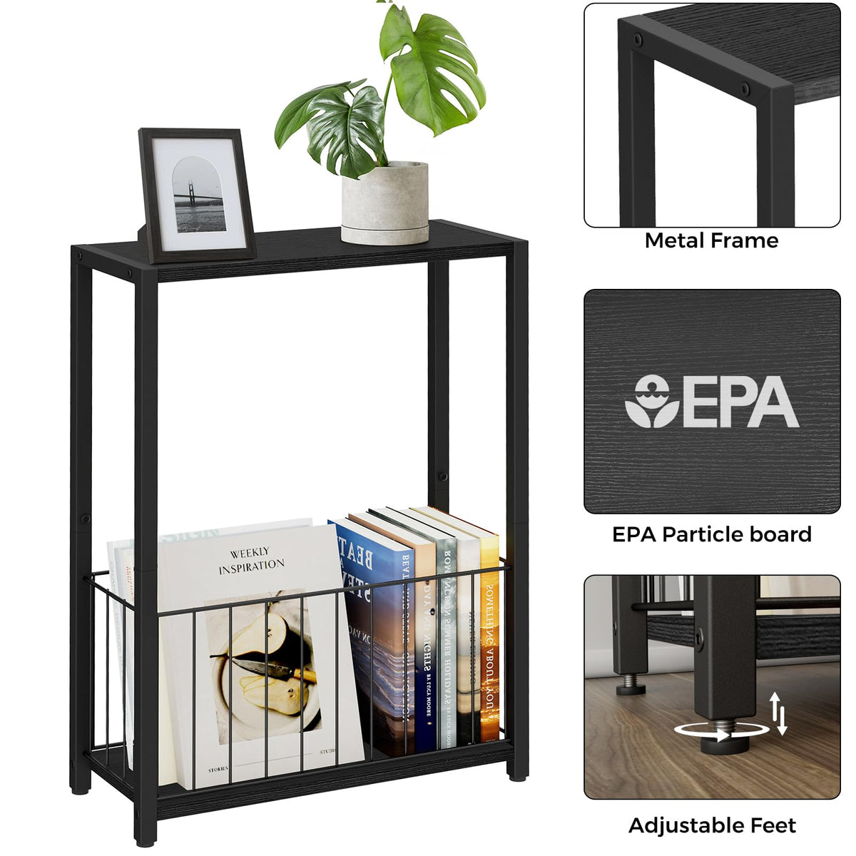 Homleke narrow side table featuring a magazine holder for easy access