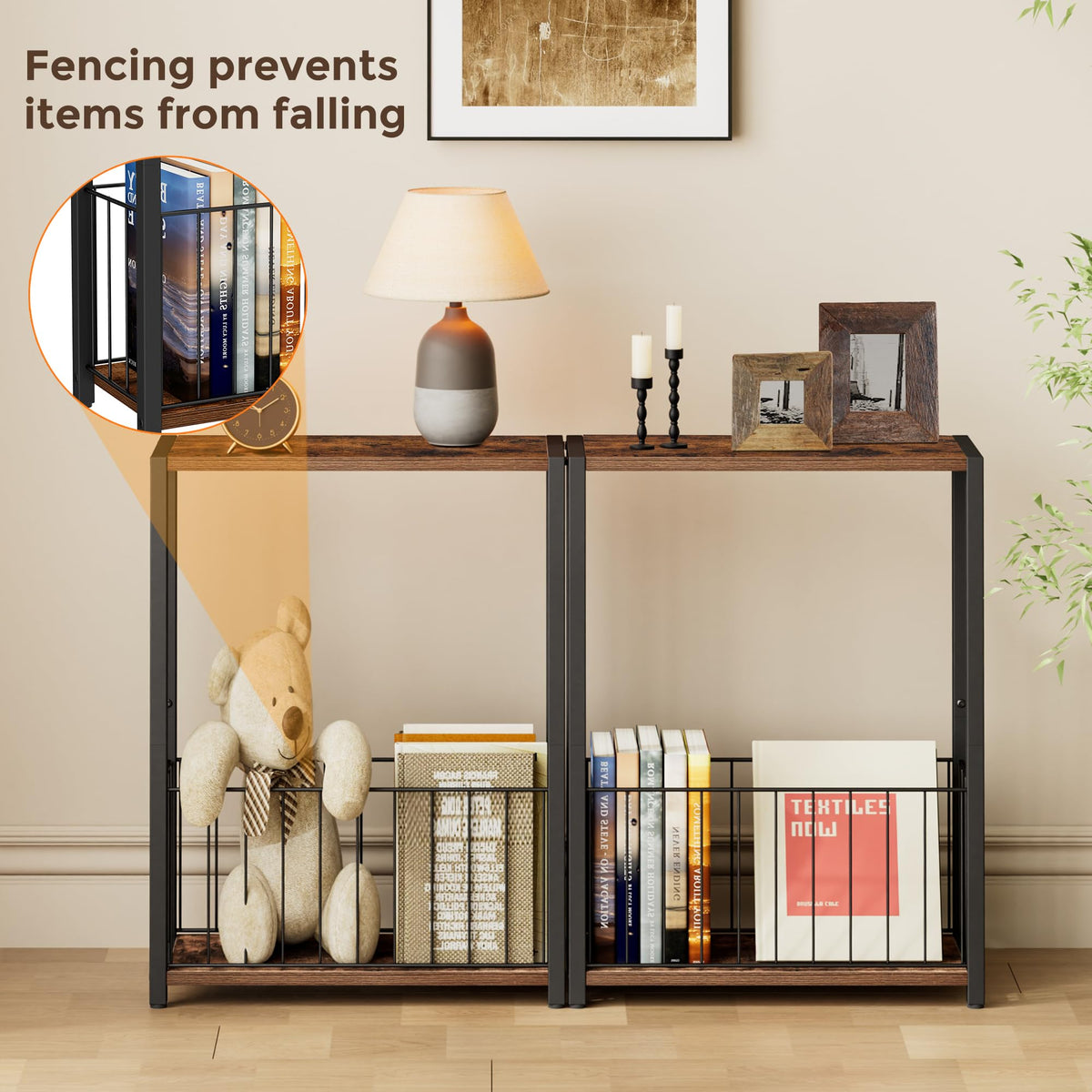 Homleke Rustic Brown finish with black iron frame adds warm farmhouse-industrial style.