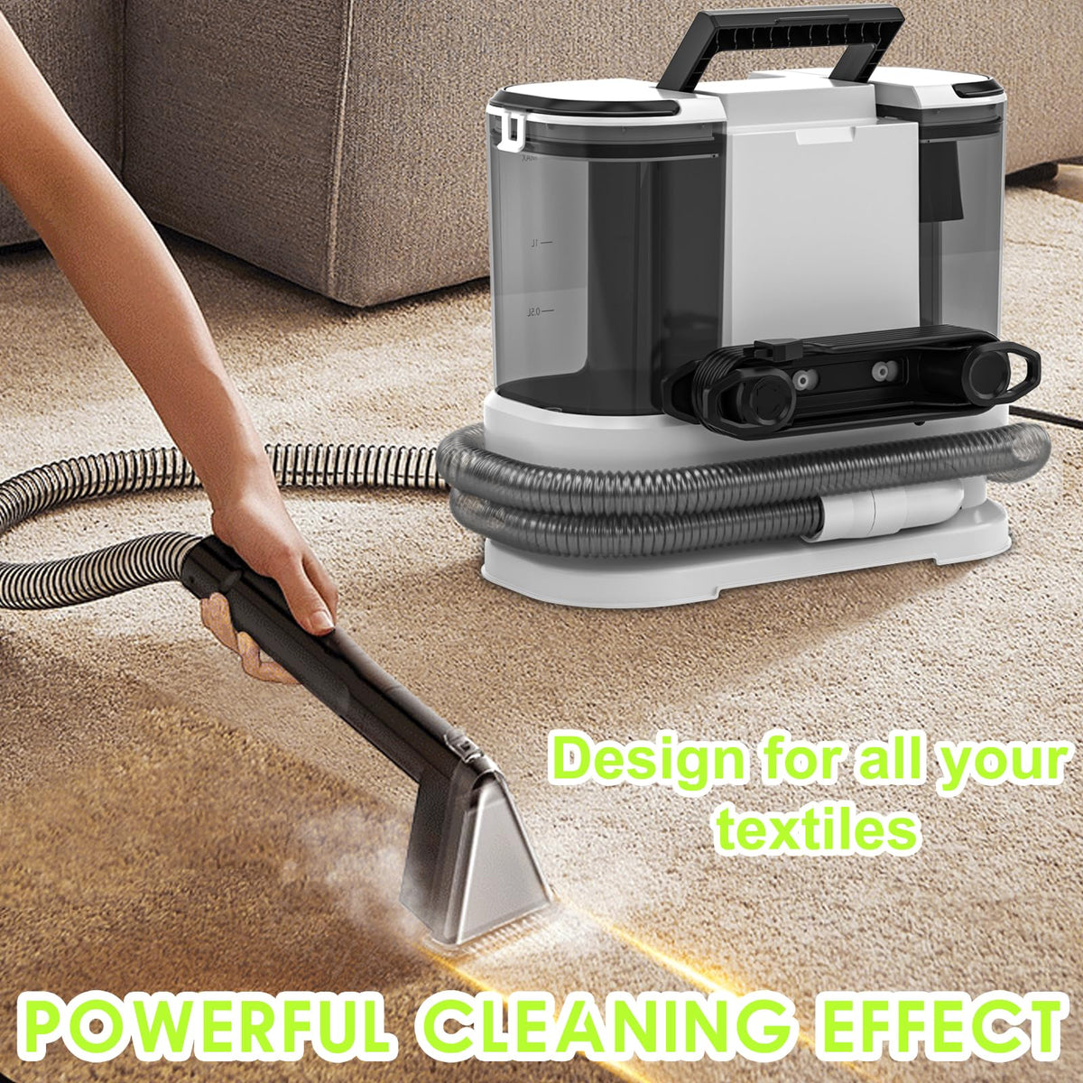 HOMLOVE 21 kPa suction action for deep cleaning on fabrics and upholstery