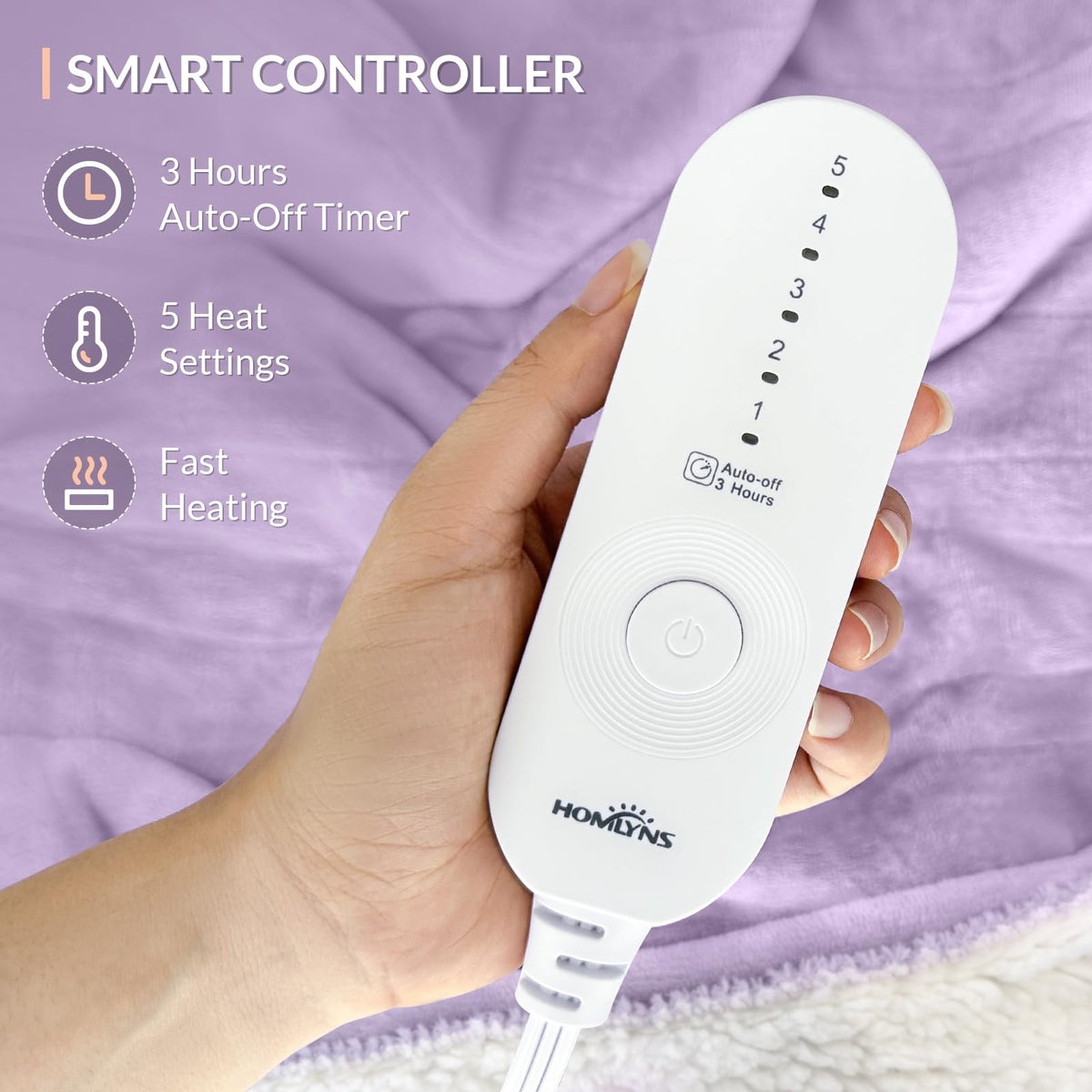 HOMLYNS LuxeHeat in purple on a bed for all-season comfort