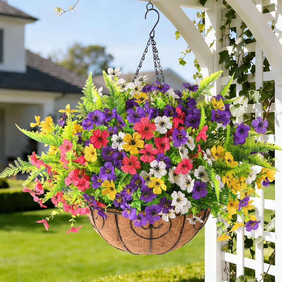 Hommyea artificial flowers hanging basket multicolor design brightens porch decor.