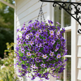 Hommyea artificial hanging basket with 4 flower bundles and eucalyptus leaves for porch decor.