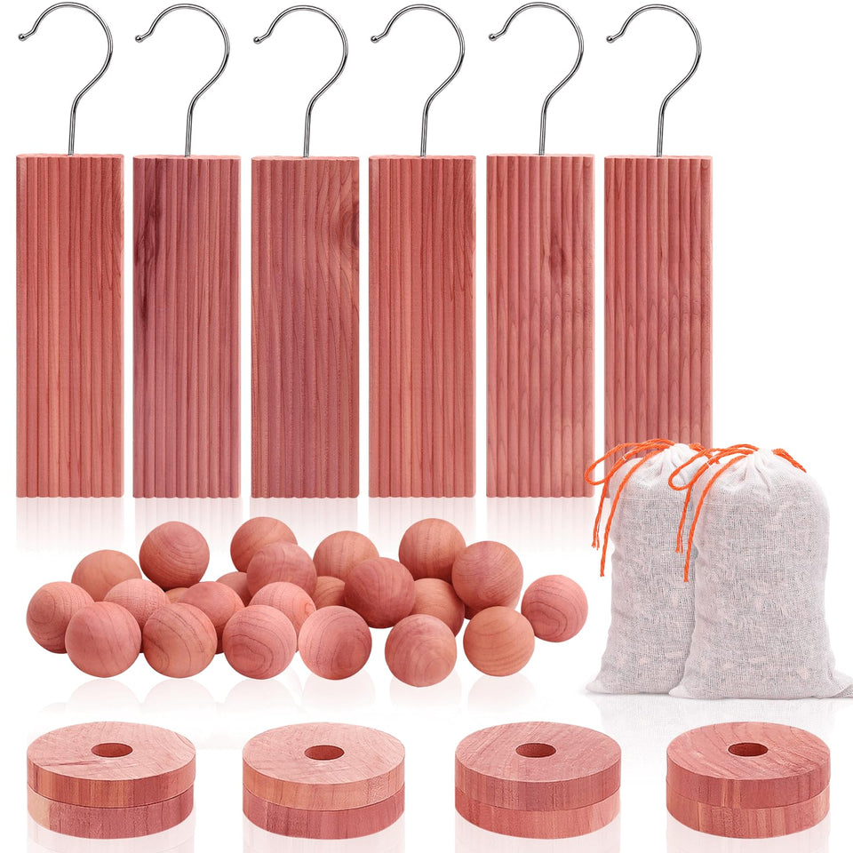 Homode cedar blocks hanging in a closet for a fresh scent in garments