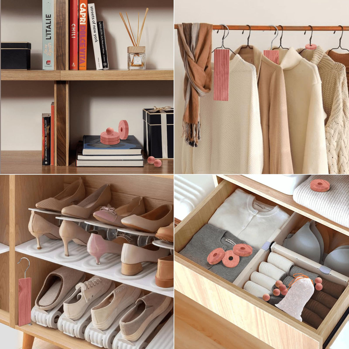 Homode cedar chips refresh closet environments when placed in drawers or shoe cabinets.