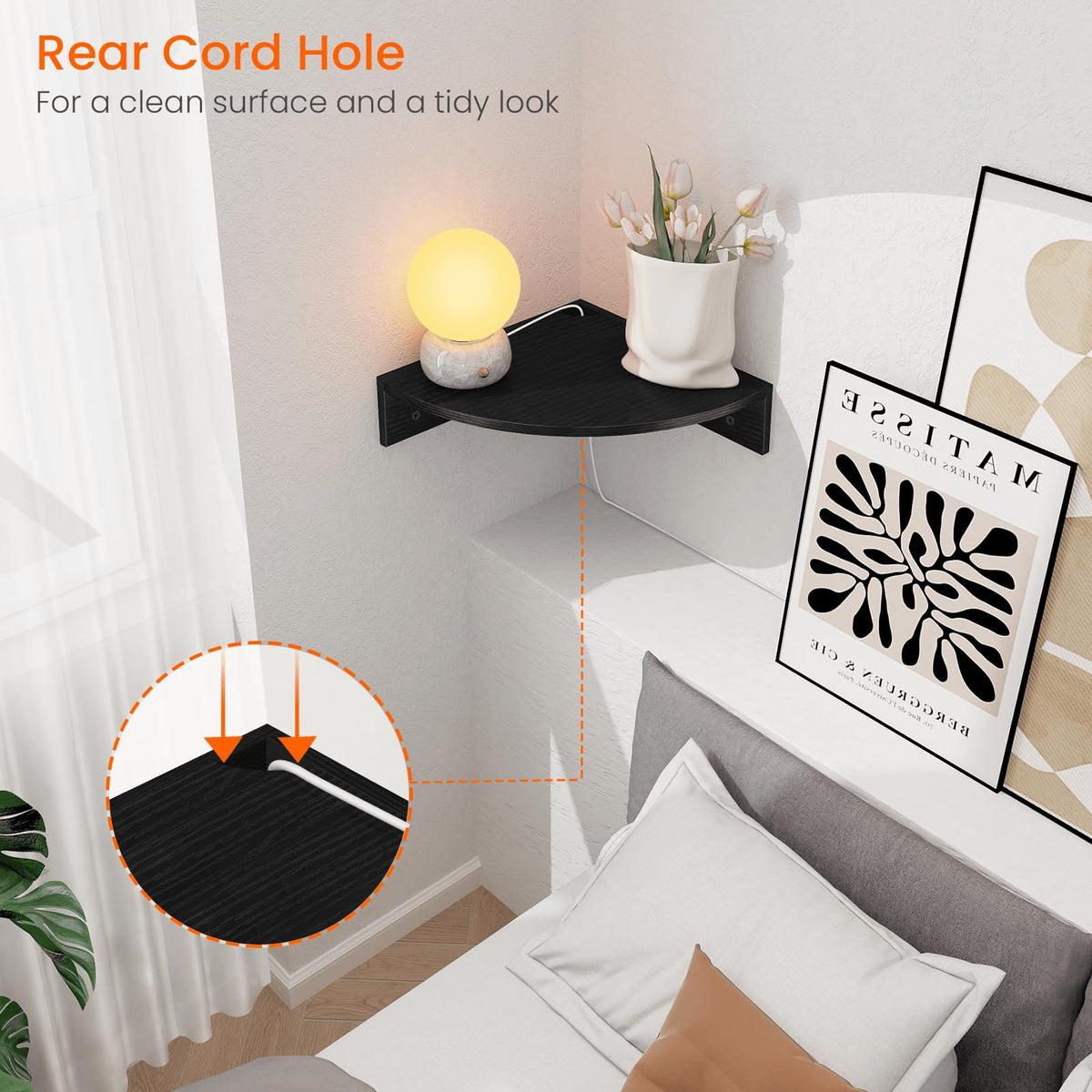 Close-up of the cable hole on Homode corner shelves for cord management.