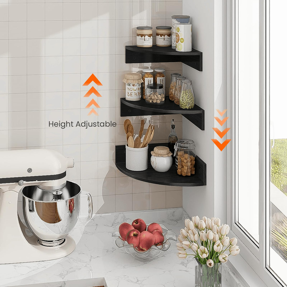 Three different shelf depths shown on Homode corner floating shelves.
