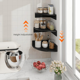 Three different shelf depths shown on Homode corner floating shelves.