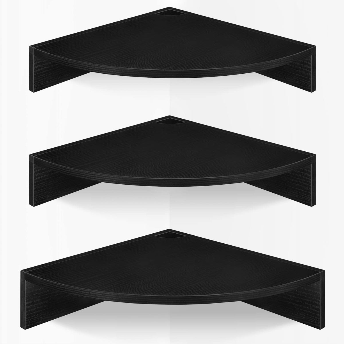 Homode corner floating shelves front view with three tiers and space-saving black oak finish.