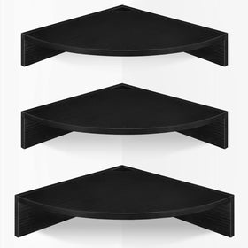 Homode corner floating shelves front view with three tiers and space-saving black oak finish.