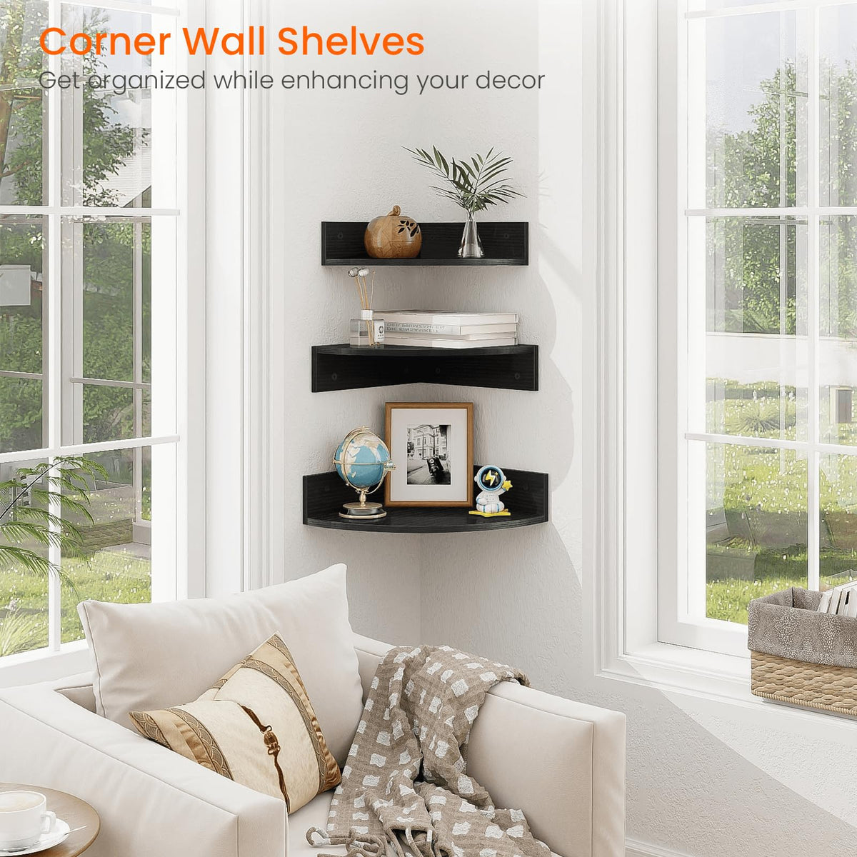Side view of Homode corner floating shelves highlighting compact profile.