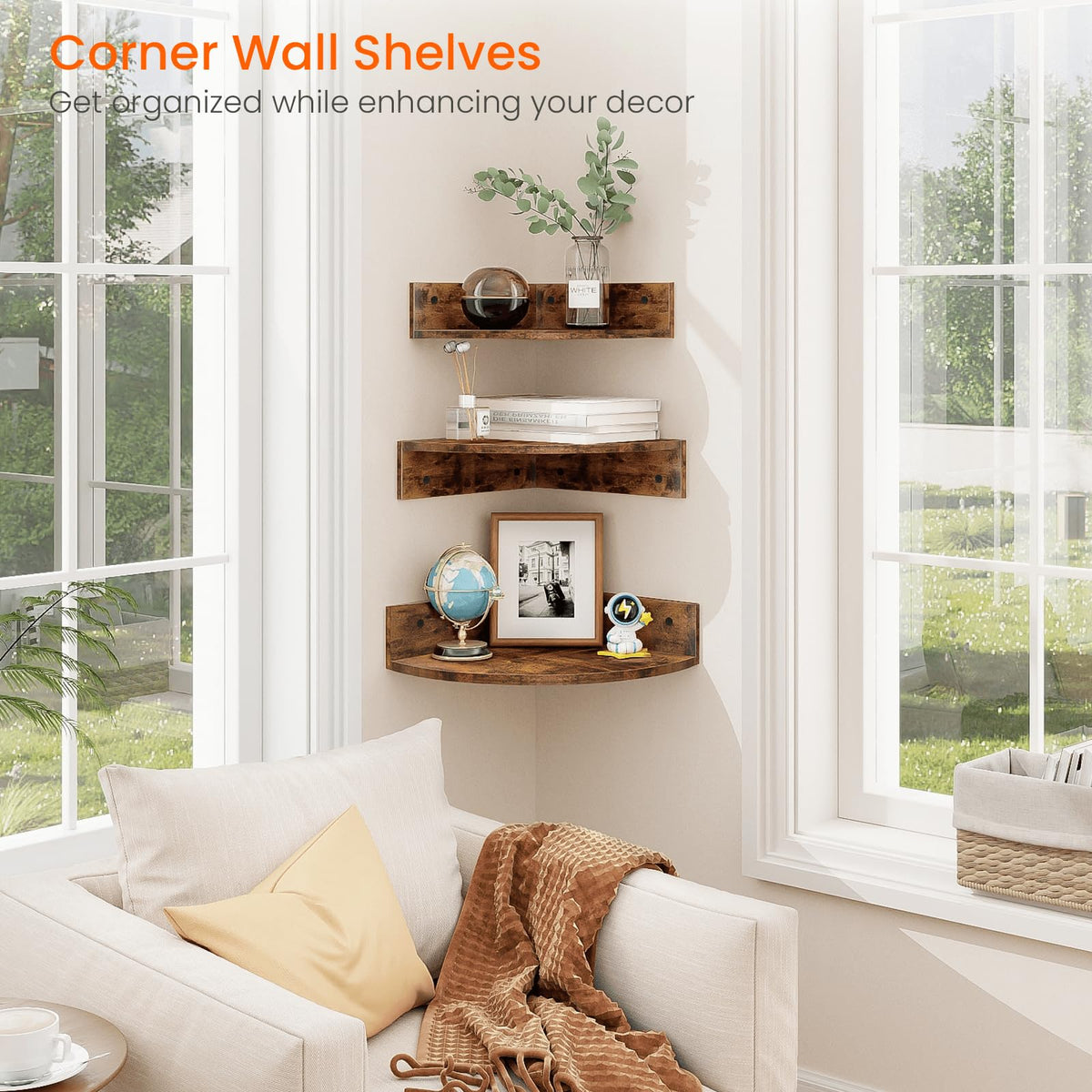 Homode corner shelf cord hole design hides cables for a tidy setup.