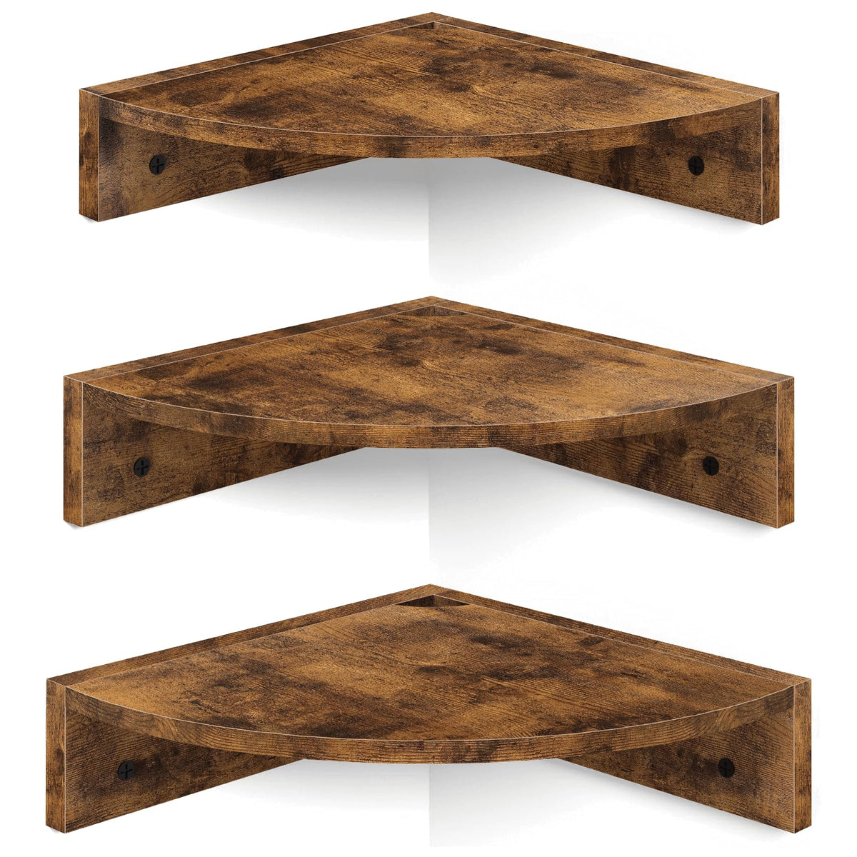 Homode corner shelf rustic finish adds warm storage in any room.