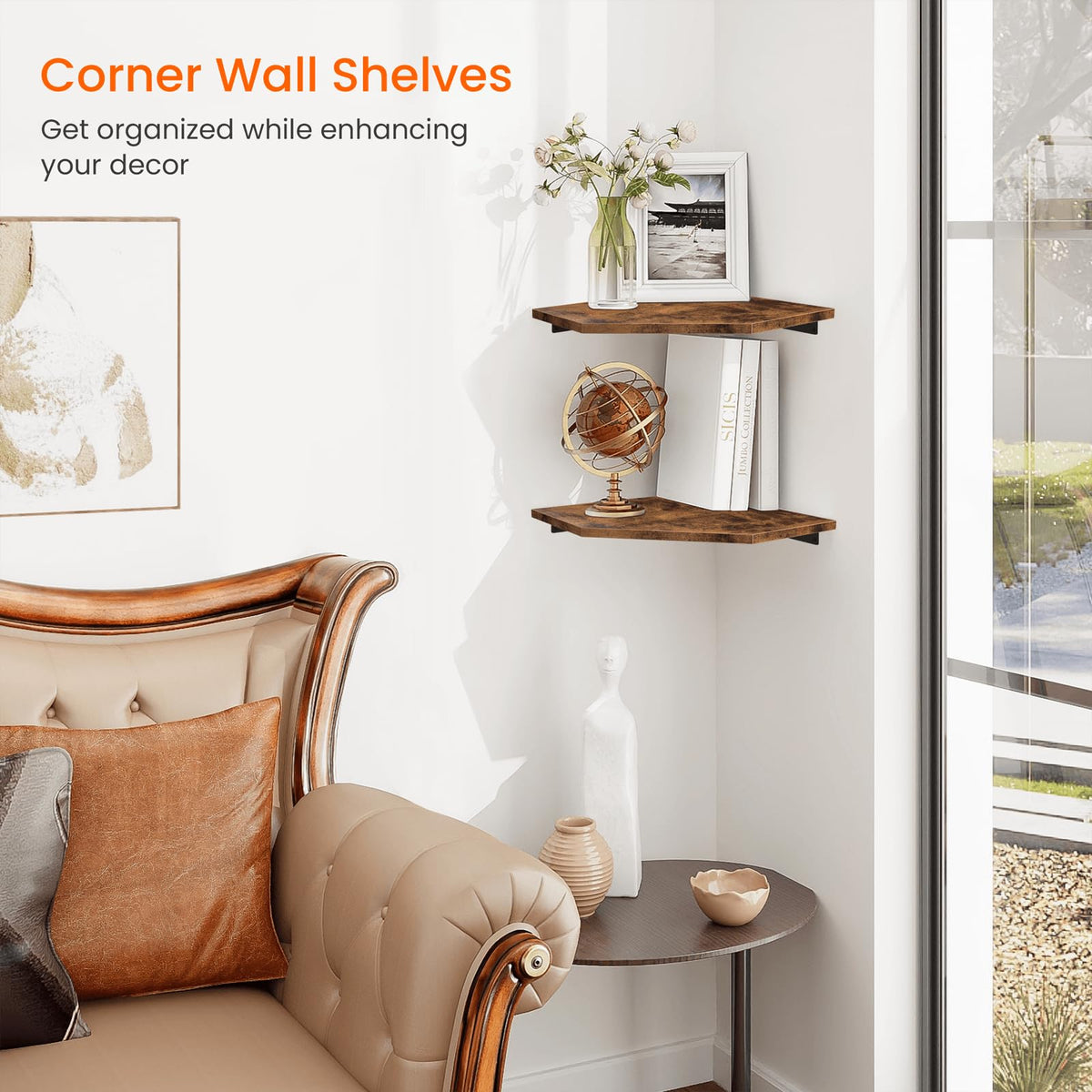 Homode two-tier rustic brown shelf displays decor and keeps surfaces organized.