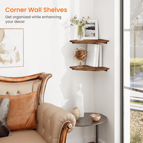 Homode two-tier rustic brown shelf displays decor and keeps surfaces organized.
