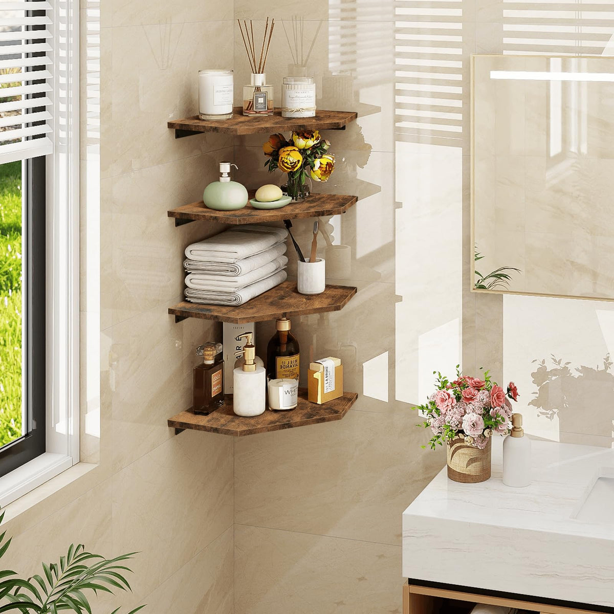 Homode corner shelf display with books and plants to show versatile usage.