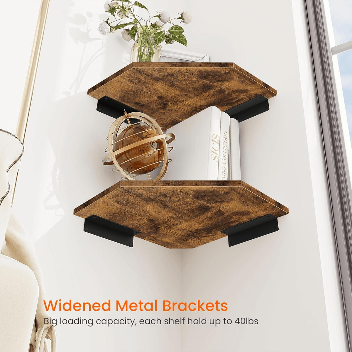 Homode corner shelf provides display space for decor and devices.