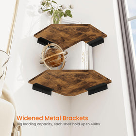 Homode corner shelf provides display space for decor and devices.