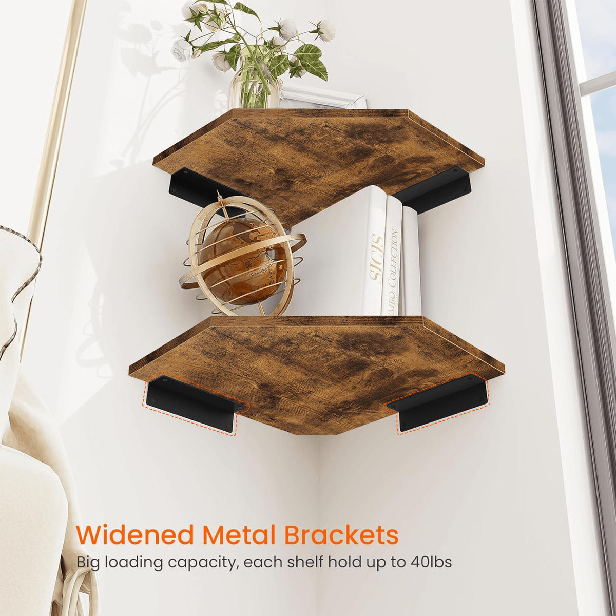 Homode Corner Shelf mounted in living room maximizes wall space and visual appeal.