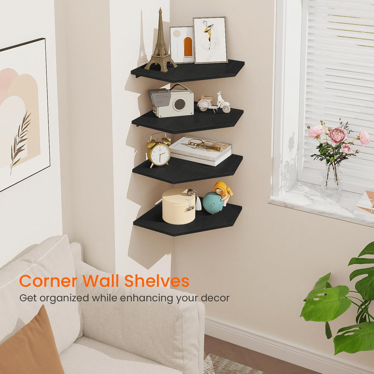 Homode diamond 4-tier corner shelves, side view, maximizing wall space.