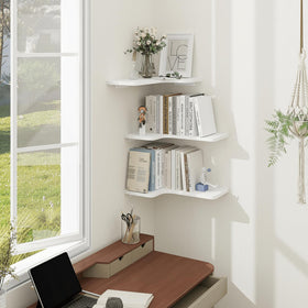 Homode display books and plants on three-tier corner shelves