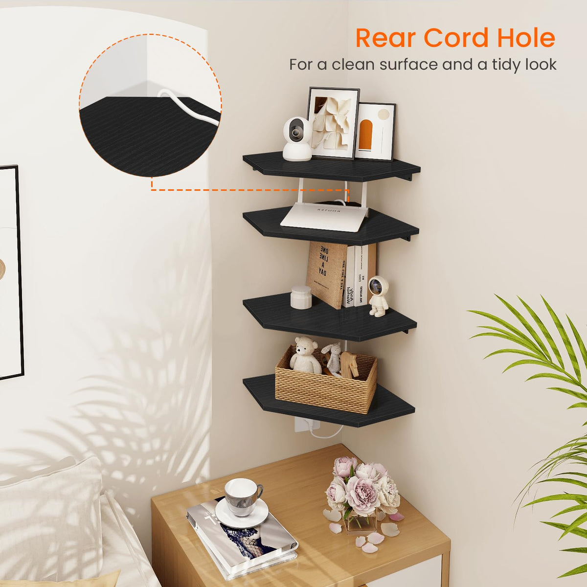 Homode corner shelves securely mounted; brackets support up to 20 pounds per tier.