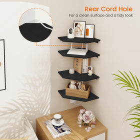 Homode corner shelves securely mounted; brackets support up to 20 pounds per tier.
