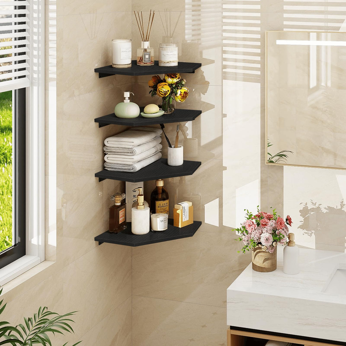 Homode living room display with plants and books on diamond shelves.