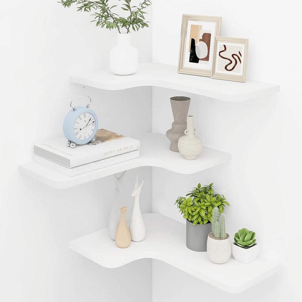 Homode Corner Shelves set of 3 in white for compact display and storage