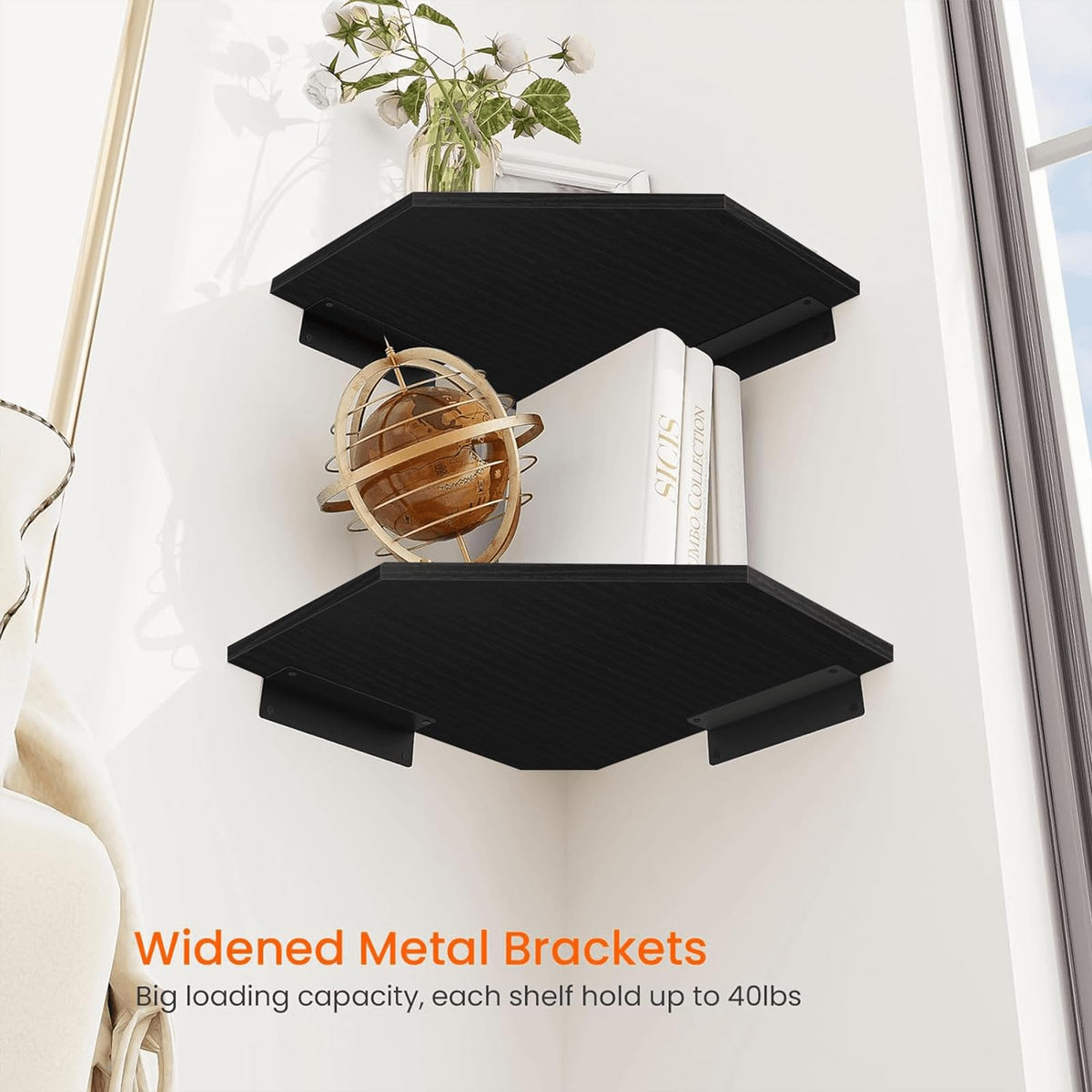 Homode display shelves showing photos and plants in a corner.