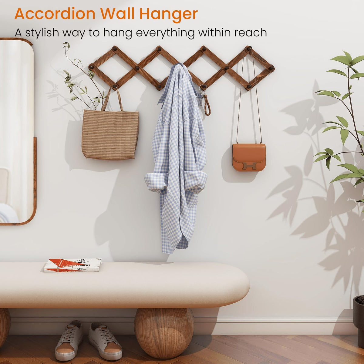 Homode expandable peg rack extended to 42 inches for wider storage.