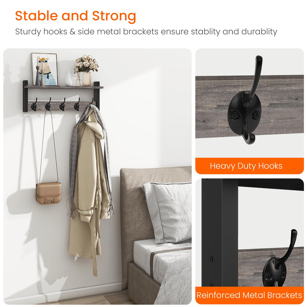 Homode floating shelf with five dual hooks blends display space with practical hanging.