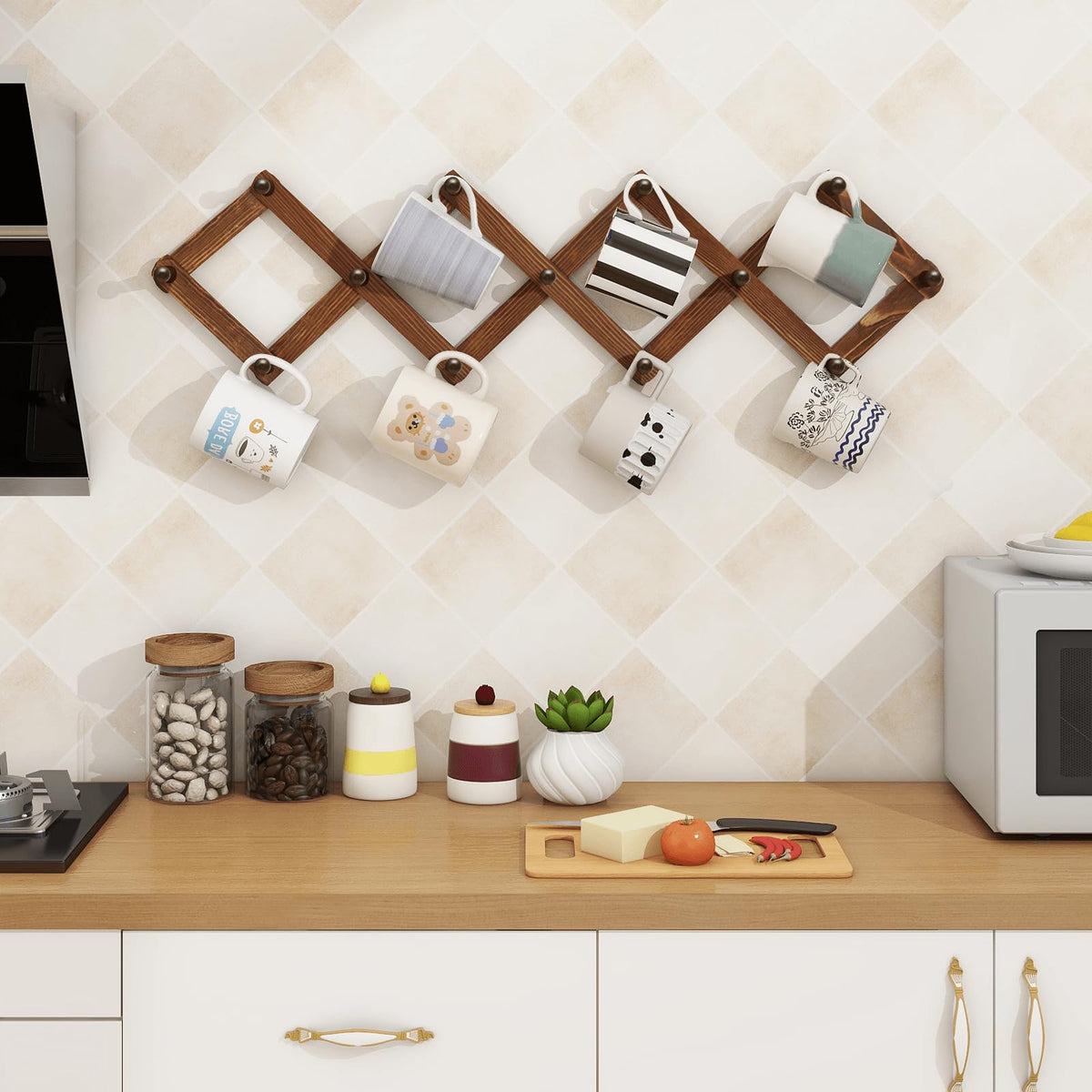 Homode peg rack holding hats, mugs, and scarves for organized spaces.