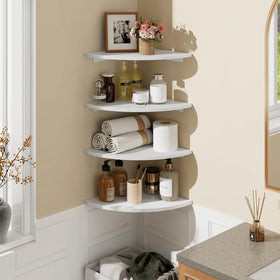 Homode white round corner shelves mounted on wall for books and plants.