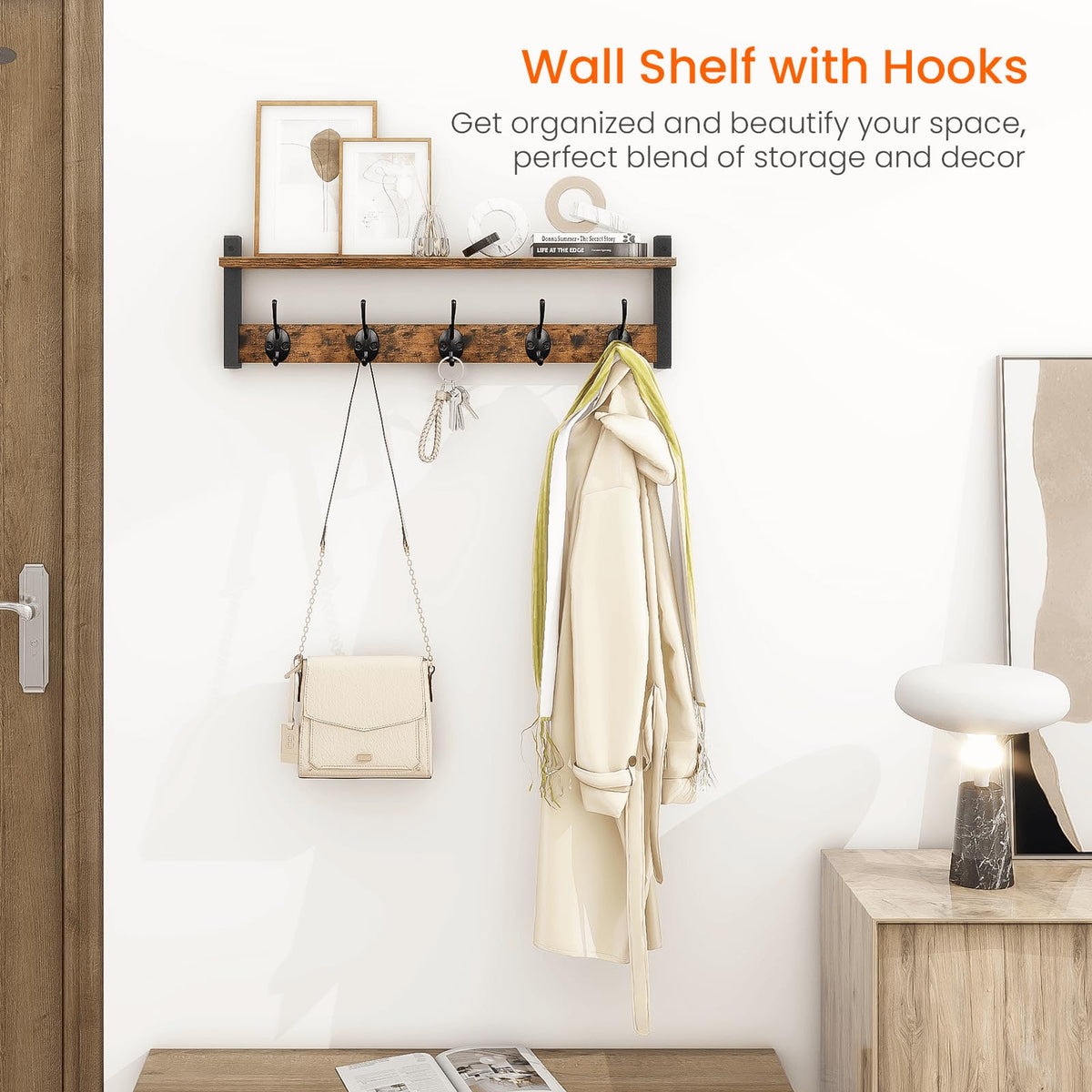 Homode shelf with hooks in entryway for organized storage