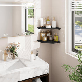 Homode two-tier wood shelf corner design for extra storage.
