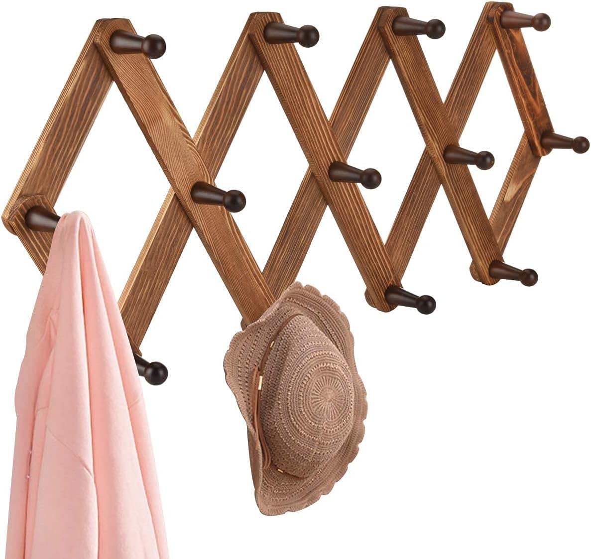 Homode vintage wood expandable peg rack with 13 hooks for hats and coats.