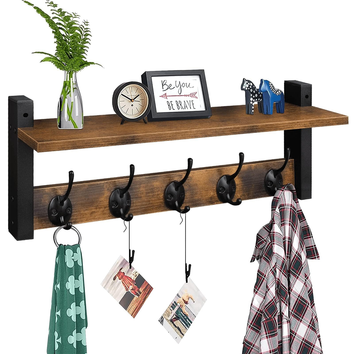 Homode wall hooks with shelf rustic-brown finish for organized entryways