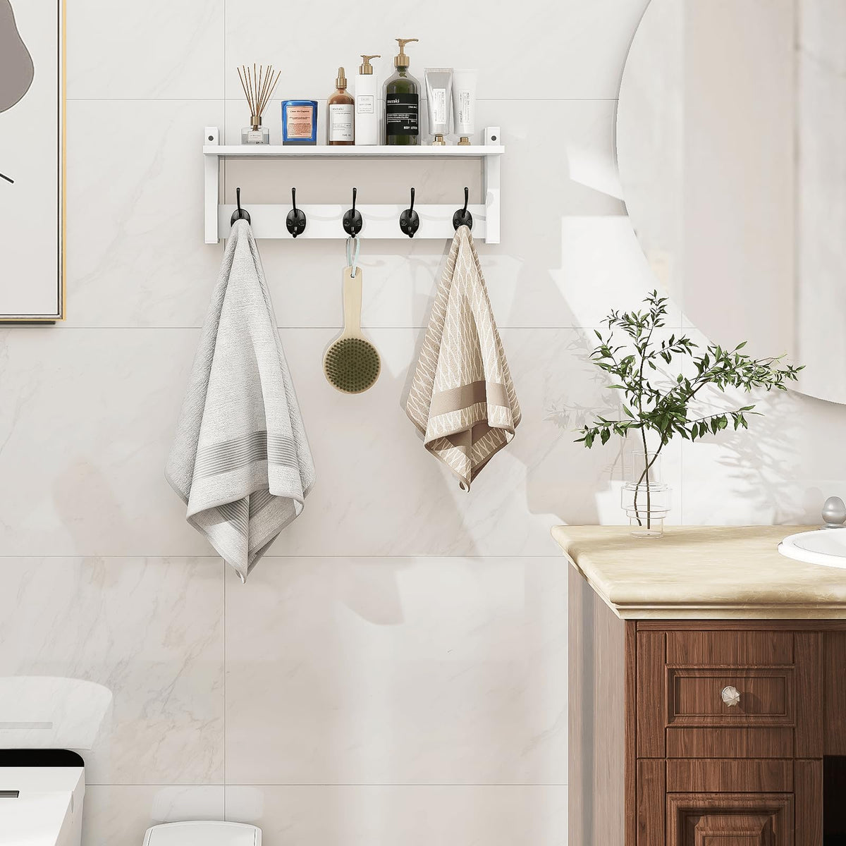 Homode wood and iron shelf highlights upper display while keeping hangers accessible.