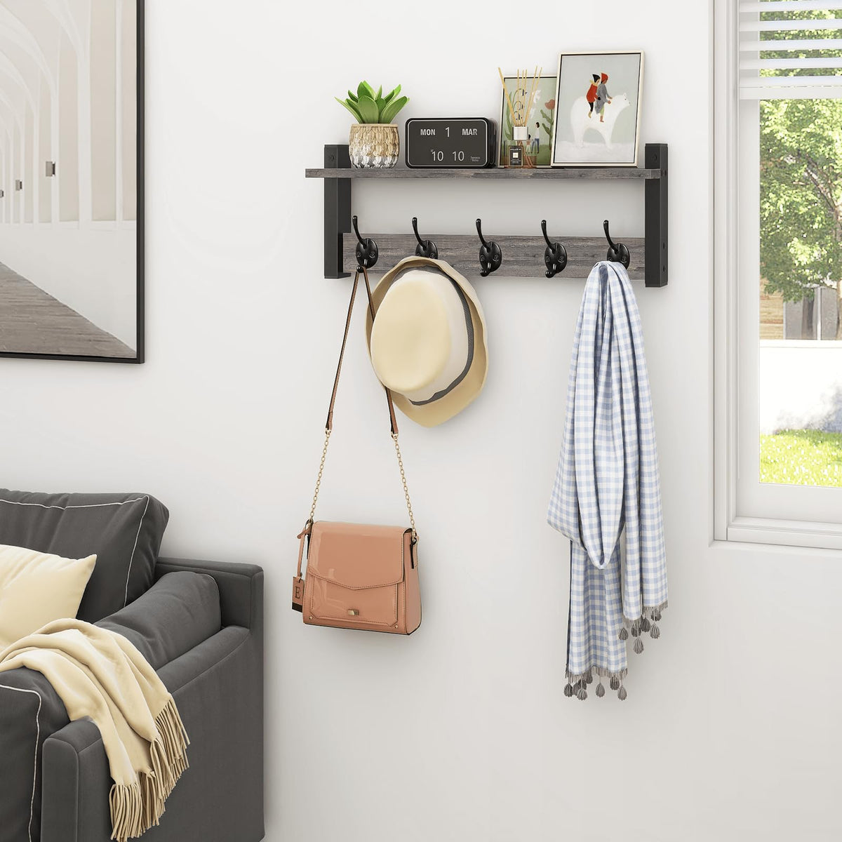 Homode wood and metal coat rack gray finish combines durability with warm style.