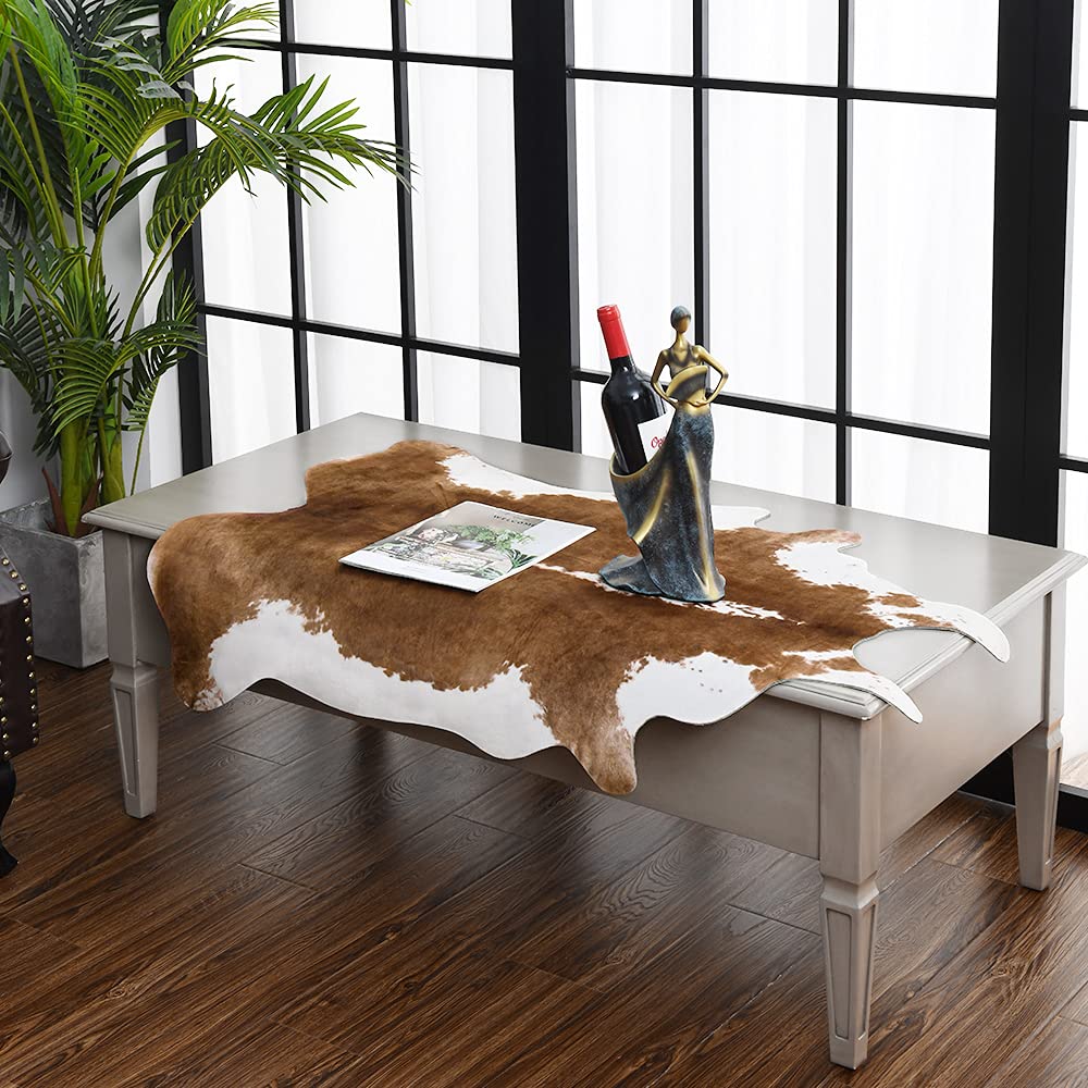 HOMORE cowhide rug in front of fireplace adds warmth and style